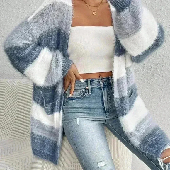 Multicolor Casual Women's Colorblock Drop Shoulder Fluffy Knit Duster Cardigan - Picture 4 of 7